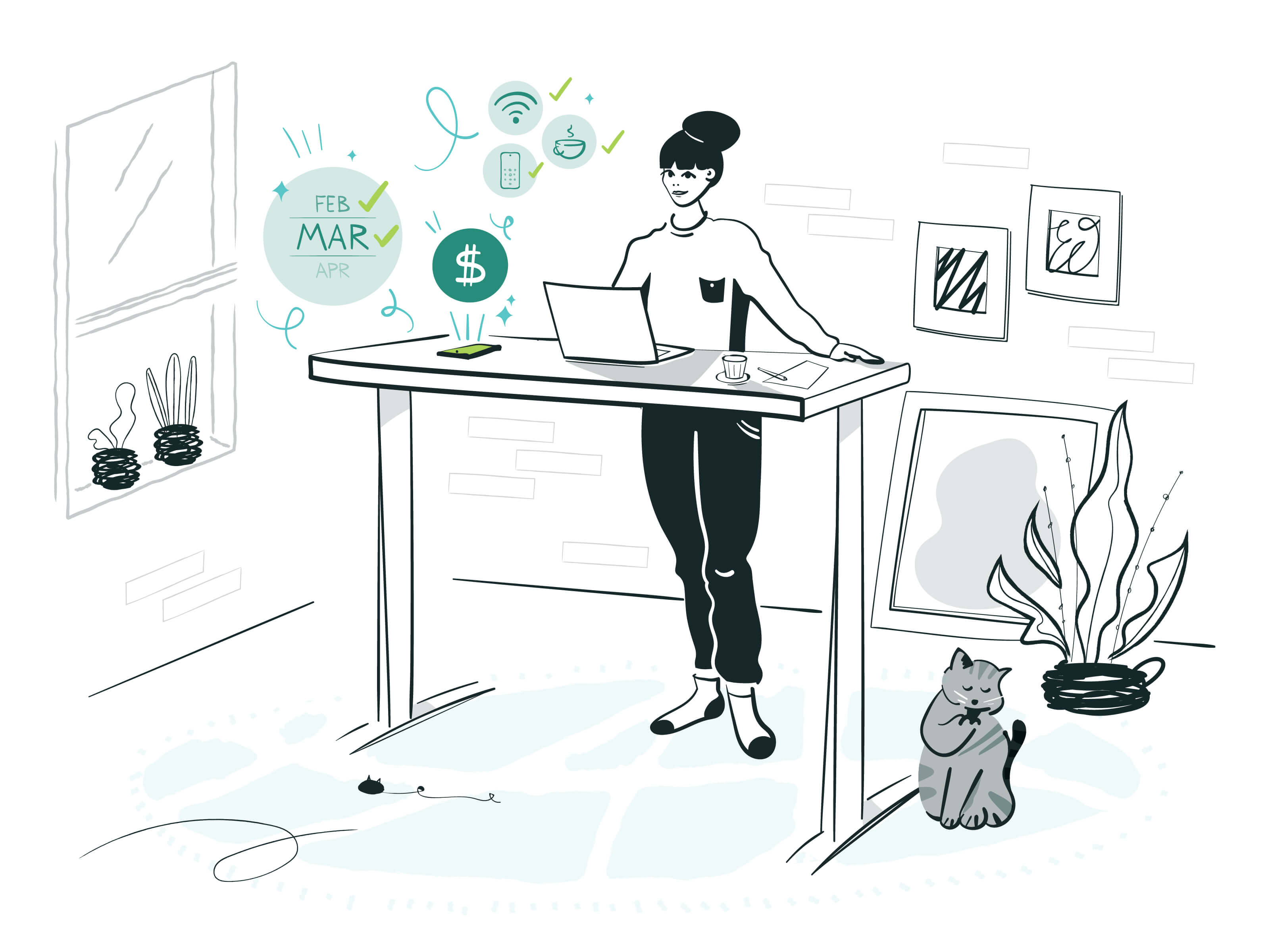 Illustration of woman sitting at desk on laptop